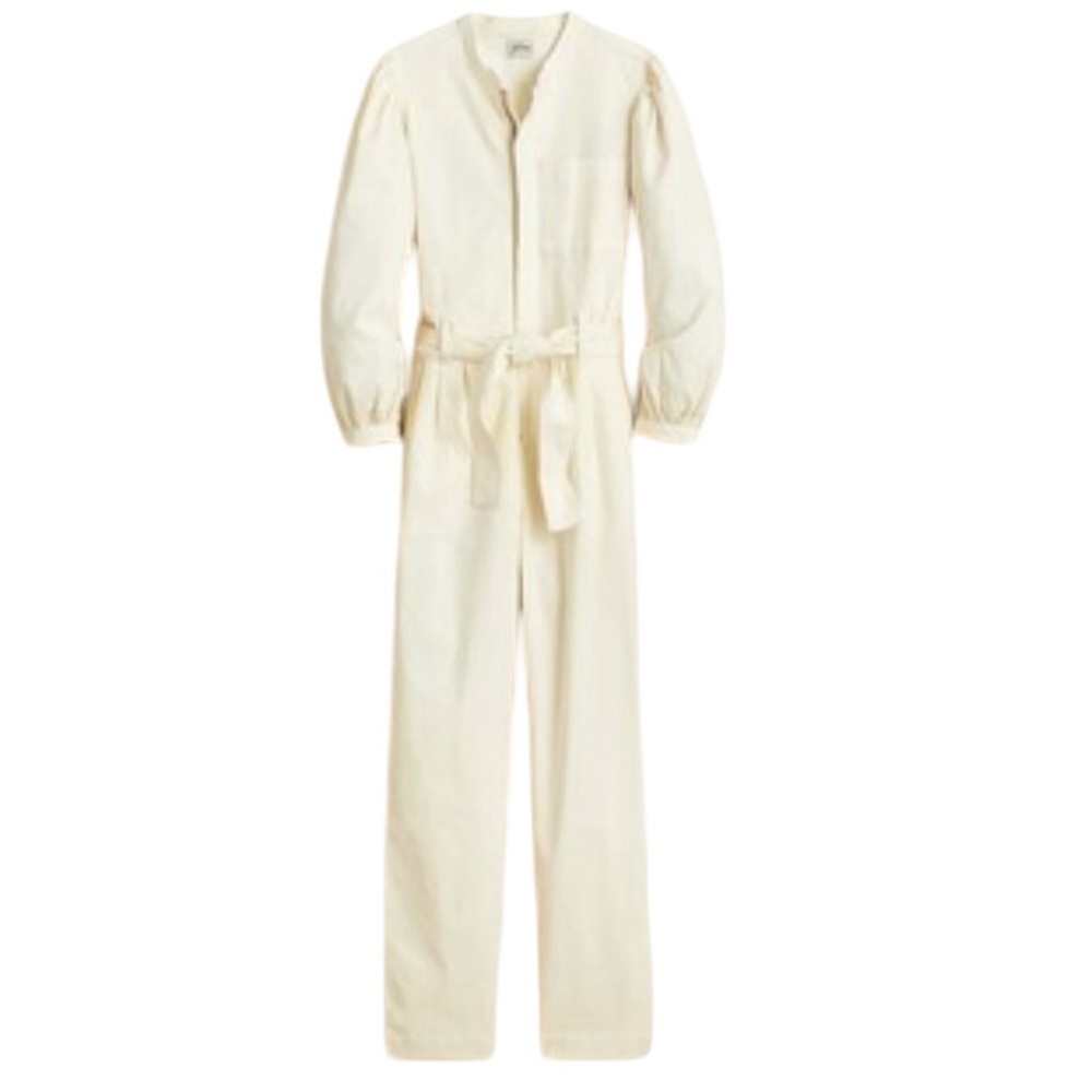 J. CREW Cotton Chino Puff Sleeve Zip Front Tie Waist Jumpsuit Size 4 in Ivory